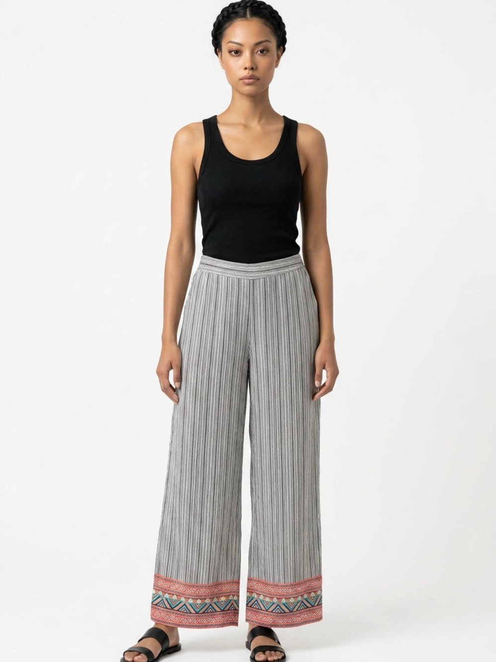 Tolani Gray Striped Wide-Leg Pants with Border Print Hem